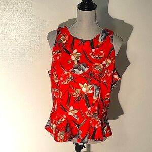 Alexia Admor Ruffle Bottom Red Floral V Zipper Back Sleeveless Blouse, Size: L